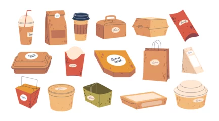 Deurstickers Disposable Paper Packages Vector Set. Convenient And Eco-friendly Cardboard Boxes For Single-use Packaging Needs © Pavlo Syvak