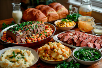 St. Patrick's Day feast, with a table filled with traditional Irish dishes like corned beef and cabbage, soda bread, and colcannon - obrazy, fototapety, plakaty