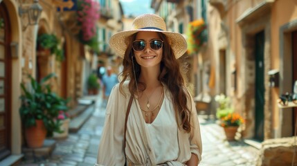 A stylishly attired woman strolls through a quaint Italian village, embodying the essence of shopping