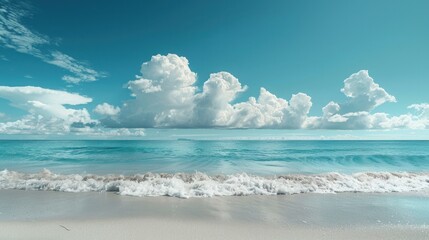A serene tropical beach scene with a clear horizon, showcasing the sky blending into white sand