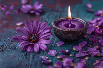 Obraz na płótnie Canvas candle with purple flower on dark purple background