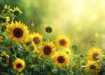 Deurstickers sunflowers and butterflies background © yganko