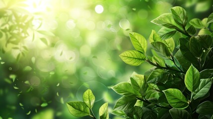 Fresh, healthy green bio background featuring abstract blurred foliage under bright summer sunlight