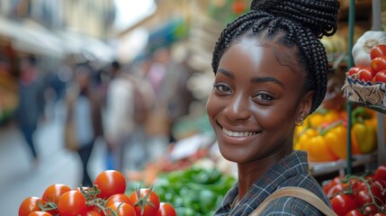 A young, beautiful customer is shopping for fresh, natural vegetables for a Mediterranean dinner