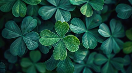 shamrock leaves are seen closeup against a dark background in a sunny day - obrazy, fototapety, plakaty