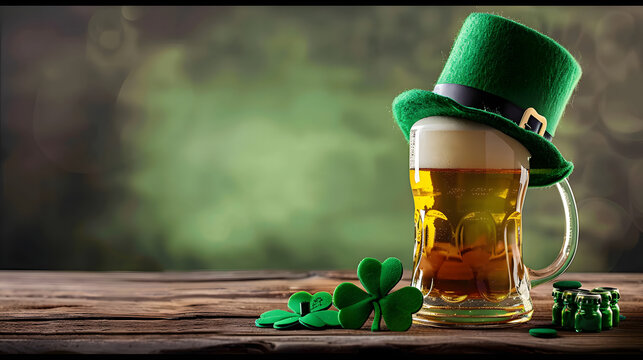 Fresh beer and green hat with lucky clover with copy space St Patrick's day card