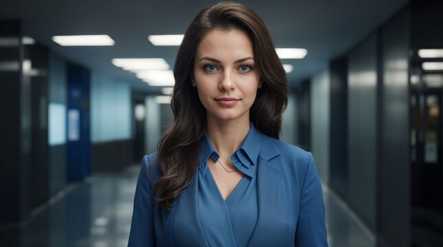 Confidence radiating woman in blue attire standing elegantly in a corporate environment