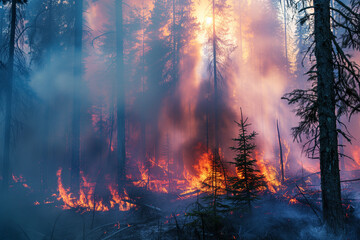 A dense forest fire with billowing smoke and bright red flames engulfing forested areas. Climate change and the threat to forest ecosystems. - obrazy, fototapety, plakaty