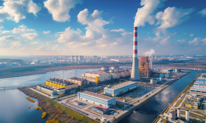 Obraz premium Steaming nuclear plant aerial view photo from drone at golden hour standing for green energy technology .Generative AI