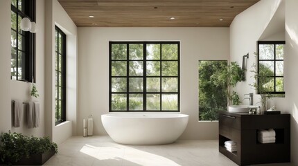 Contemporary chic bathroom with panoramic window capturing natural greenery 