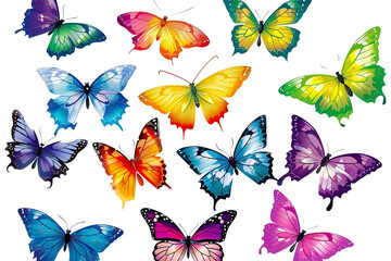 set of simplistic butterflies in various colors: blue, yellow, green, purple, pink, and orange illustration isolated PNG