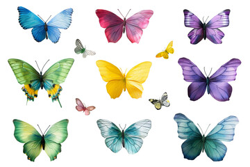 set of simplistic butterflies in various colors: blue, yellow, green, purple, pink, and orange illustration isolated PNG