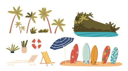 Summer Beach Items Set. Palm Trees, Sea or Ocean Water and Rock, Daybed and Lifebuoy. Surfboards Sticking in Sand