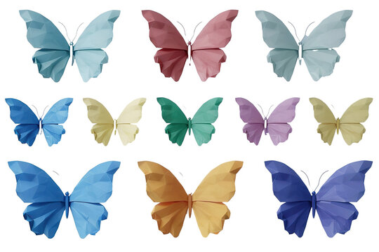 set of simplistic butterflies in various colors: blue, yellow, green, purple, pink, and orange illustration isolated PNG © JetHuynh