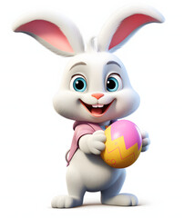 Easter bunny holds a big multicolored egg