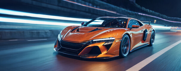 Front side view of orange luxury super car going at high speed on the road at night, surrounded by...