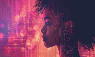 Woman's profile against pink digital circuit background. Conceptual blend of human features and cybernetic elements. Artistic representation of technology's influence on identity.