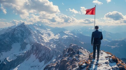 A businessman sets his sights on the flag atop the mountain, establishing goals and expectations - obrazy, fototapety, plakaty