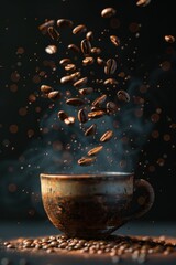 coffee beans falling from a cup on a dark background, in the style of vray, smokey background