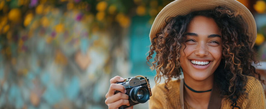 A joyful young model takes a close-up photo while holding a camera in hand