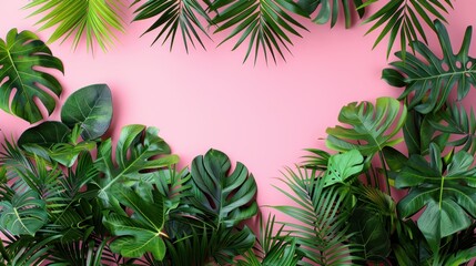 Tropical leaves on a soft pink backdrop, embodying a minimalistic concept