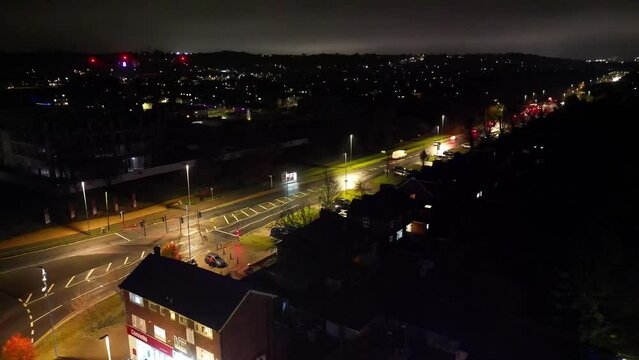 Aerial View of Illuminated British Town at Night