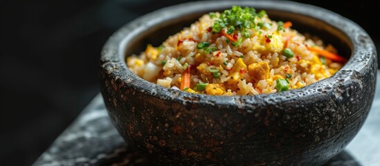 A detailed view of a bowl filled with cheesy fried rice nestled in a stone pot resting on a table. The rice is topped with melted cheese, giving it a savory and rich appearance.