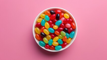 Colorful jelly beans in bowl on solid background. Jelly candy background.