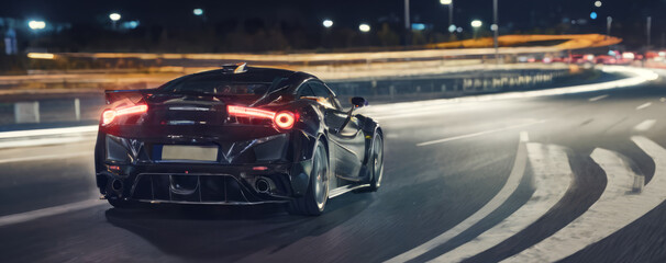 Back view of black super car going at high speed on highway at night, wide banner with copy space for text