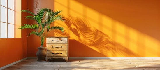 A green potted plant sits on top of a wooden dresser in a room with an orange wall. The dresser has multiple drawers and a sleek design.