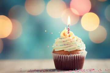 Birthday cupcake with white cream and candle, bokeh background
