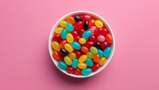 Colorful jelly beans in bowl on solid background. Jelly candy background.