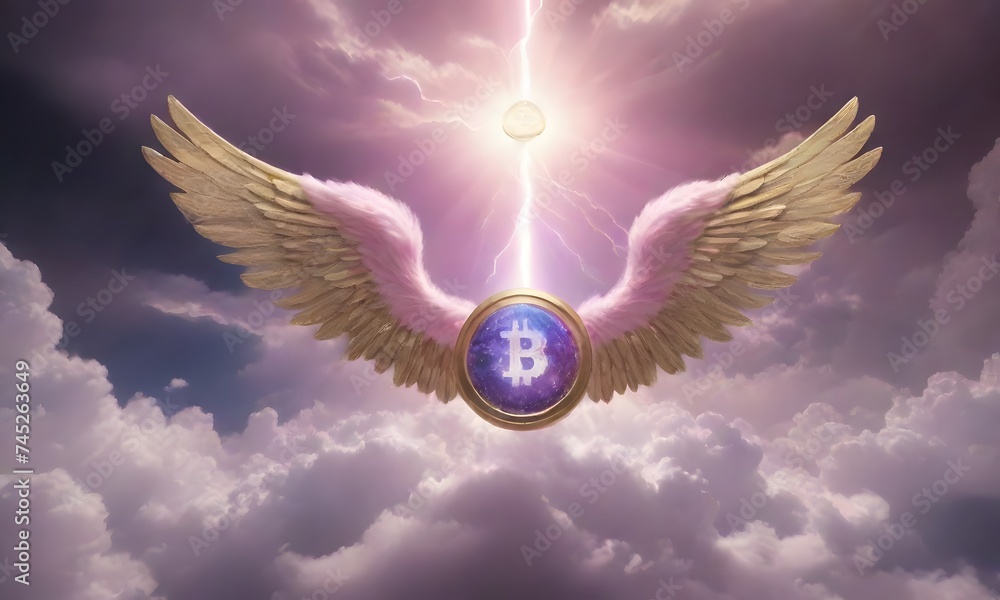 Poster a winged bitcoin soars through a dramatic celestial storm, with rays of light and electricity adding