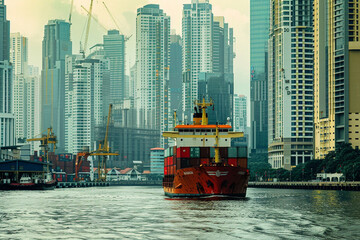 Fototapeta premium Against the backdrop of towering skyscrapers, a container ship is loaded with cargo containers at the bustling port, a testament to the interconnectedness of global economies and t