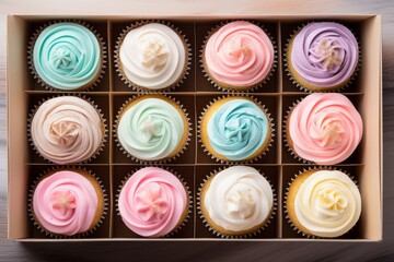 Set of different cupcakes in gift box, top view - obrazy, fototapety, plakaty