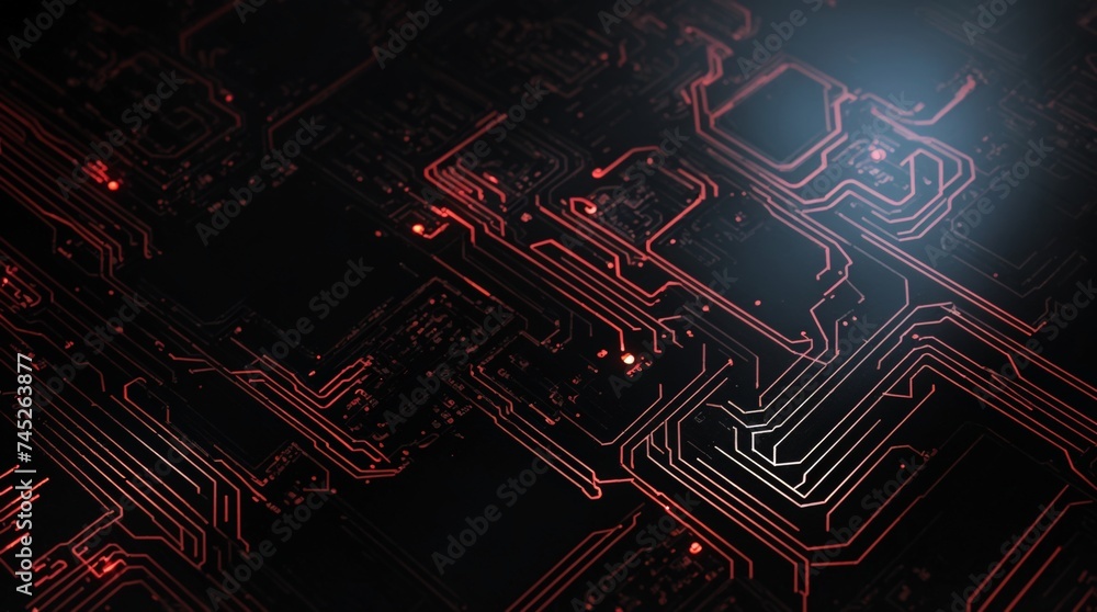 Poster electronic components close-up with glowing red and white lines on a circuit board
