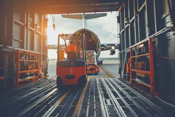 Fotobehang Close-up of forklifts maneuvering cargo pallets onto the cargo plane, their operators working with precision and skill to ensure the efficient loading of goods for transport across © Maksym
