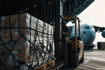 Obraz premium Close-up of forklifts maneuvering cargo pallets onto the cargo plane, their operators working with precision and skill to ensure the efficient loading of goods for transport across