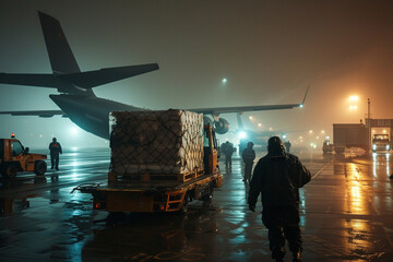 Amidst the flurry of activity on the airport tarmac, a cargo plane awaits loading, its cargo doors open wide as ground crew load pallets of goods, their efforts ensuring the seamle
