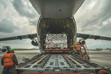 Close-up of ground crew loading cargo into the belly of a waiting cargo plane, their meticulous attention to detail ensuring that each item is securely stowed for safe transport to