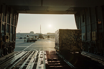 With the airport terminal in the background, a cargo plane is loaded with crates and packages, its cargo doors open wide as ground crew work diligently to ensure that each item is