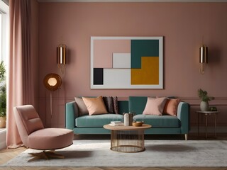 The elegant and well-designed living room mockup features solid color elements and white frames, providing a modern and inviting space for your creative copy. Generative AI