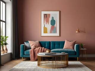 The elegant and well-designed living room mockup features solid color elements and white frames, providing a modern and inviting space for your creative copy. Generative AI