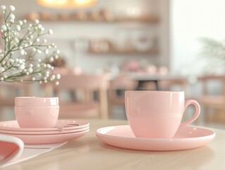 Beautiful restaurant interior mockup. set of pink dishes and cups.