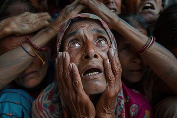 Intense emotional moment of an elderly woman expressing desperation and fear among a crowded group of people.