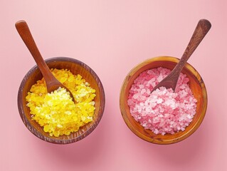 Wooden bowls with a spoons filled with pink and yellow bath sea salt. 