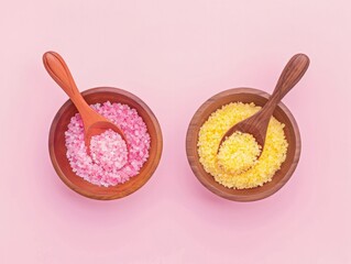 Wooden bowls with a spoons filled with pink and yellow bath sea salt. 
