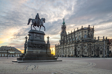 Dresden Cathedral with King Johann monument at sunrise, Theatre square, Dresden, Saxony, Germany