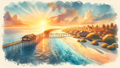 Aerial shot of beautiful long sea beach, white sand, Watercolor Illustration - obrazy, fototapety, plakaty