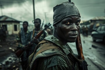 Obraz premium A group of intense, focused soldiers standing ready in an urban conflict zone, under a gloomy, overcast sky.